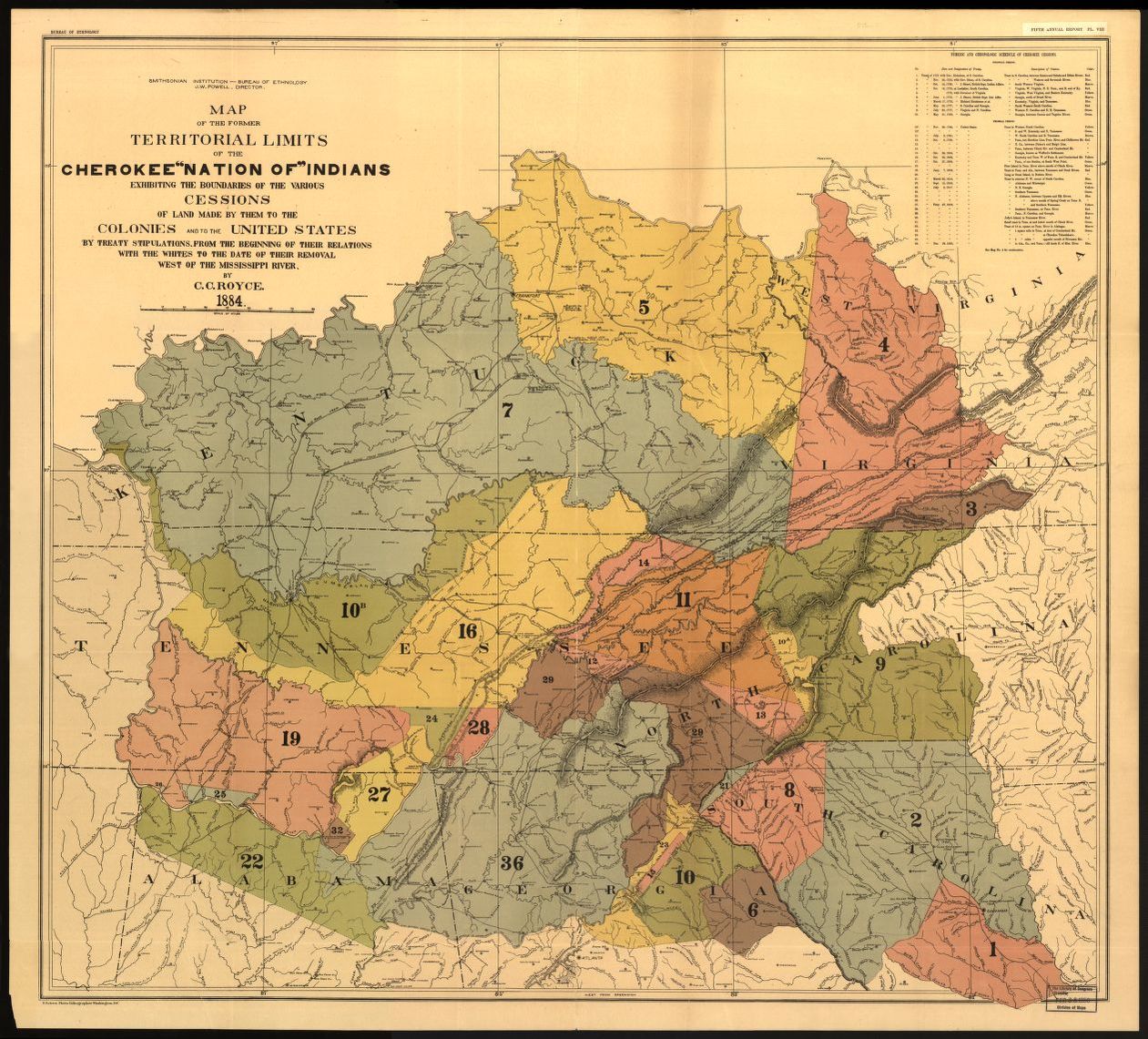 Royce, C. C. Map of the former territorial limits of the Cherokee "Nation of" Indians ; Map showing the territory originally assigned Cherokee "Nation of" Indians. [S.l, 1884] Map. https://www.loc.gov/item/99446145/.