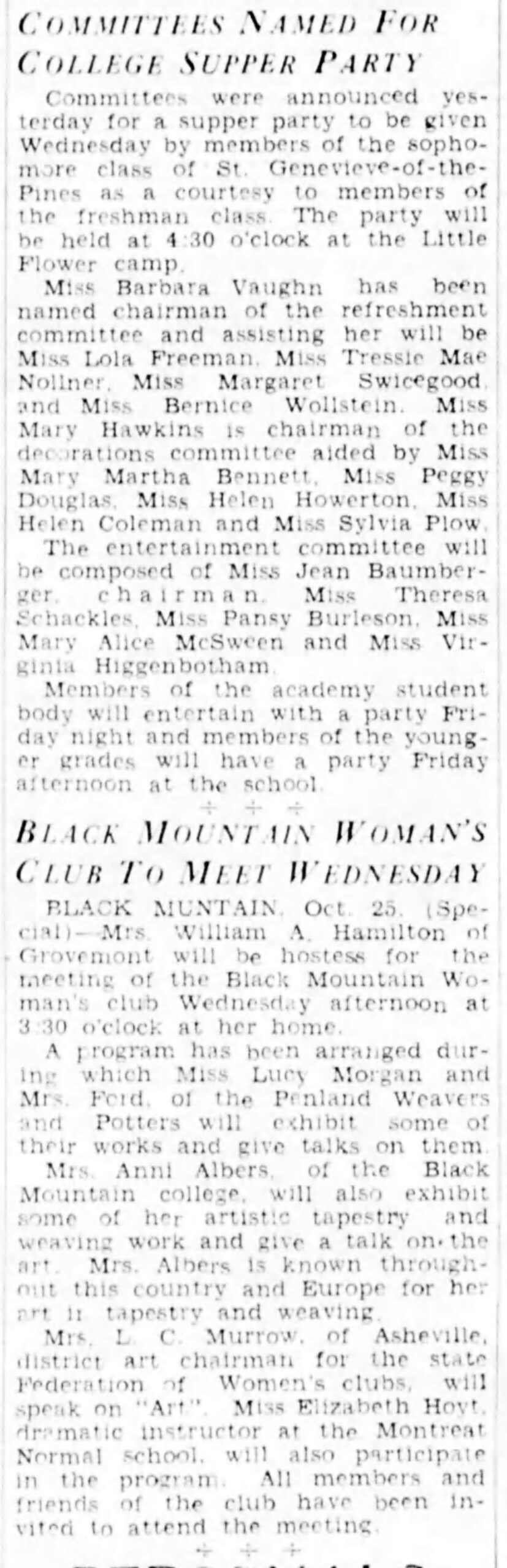 Asheville Citizen-Times, October 26, 1937, provided courtesy of the Swannanoa Valley Museum.