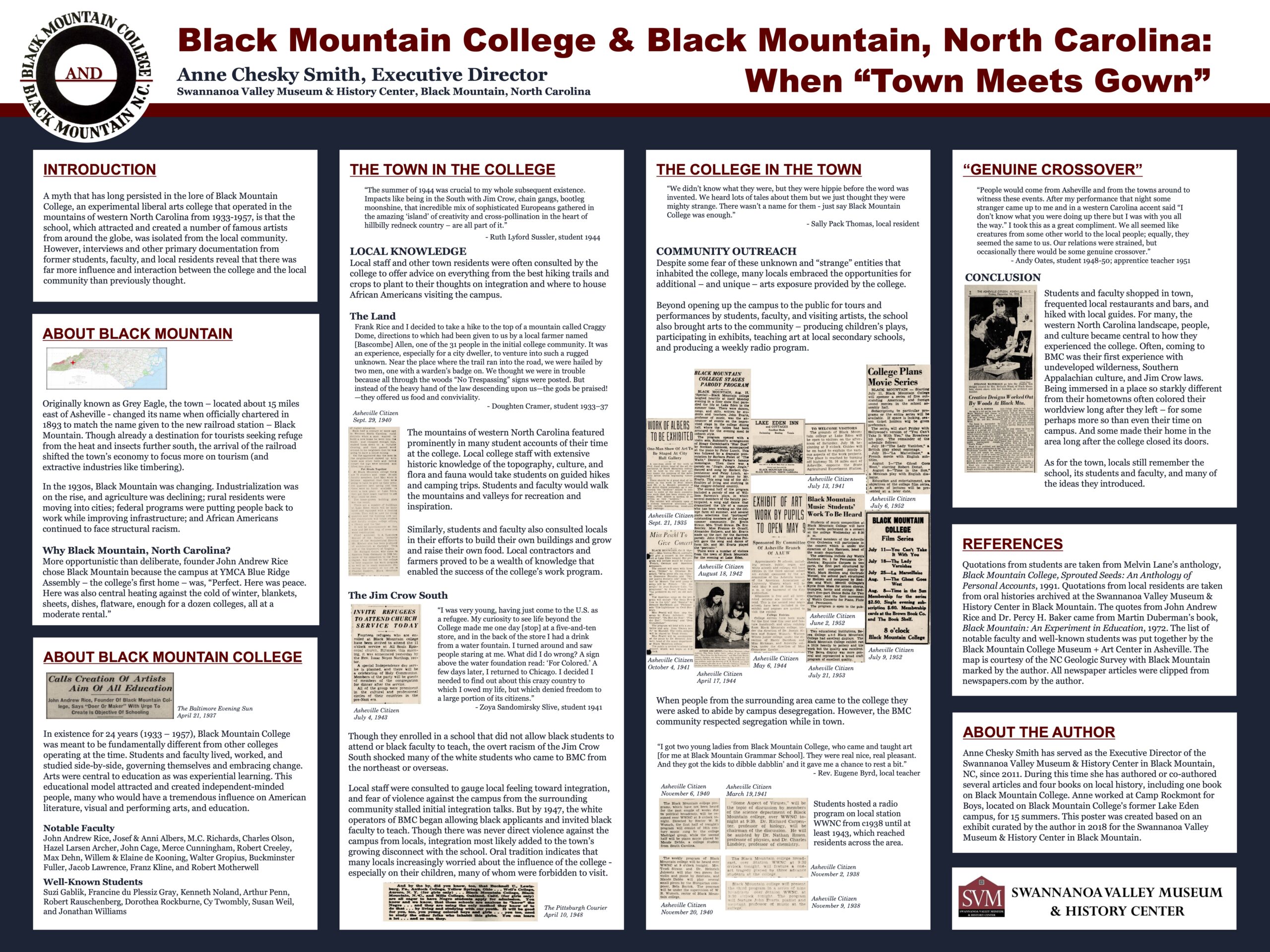 Poster created by Anne Chesky Smith for the Swannanoa Valley Museum’s exhibition, Black Mountain College and Black Mountain, North Carolina: Where ‘Town’ Meets ‘Gown.’ Shown at the Appalachian Studies Association Conference for Concurrent Session 6 March 12-15, 2020, University of Kentucky, Lexington, Kentucky. Reproduced with permission from Anne Chesky Smith.